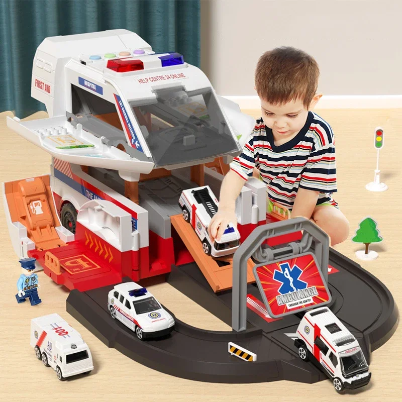 

Storage Scene Car Fire Engineering Deformation Ambulance Ejection Track Parking Lot Sound And Light Puzzle Model Toy Gift