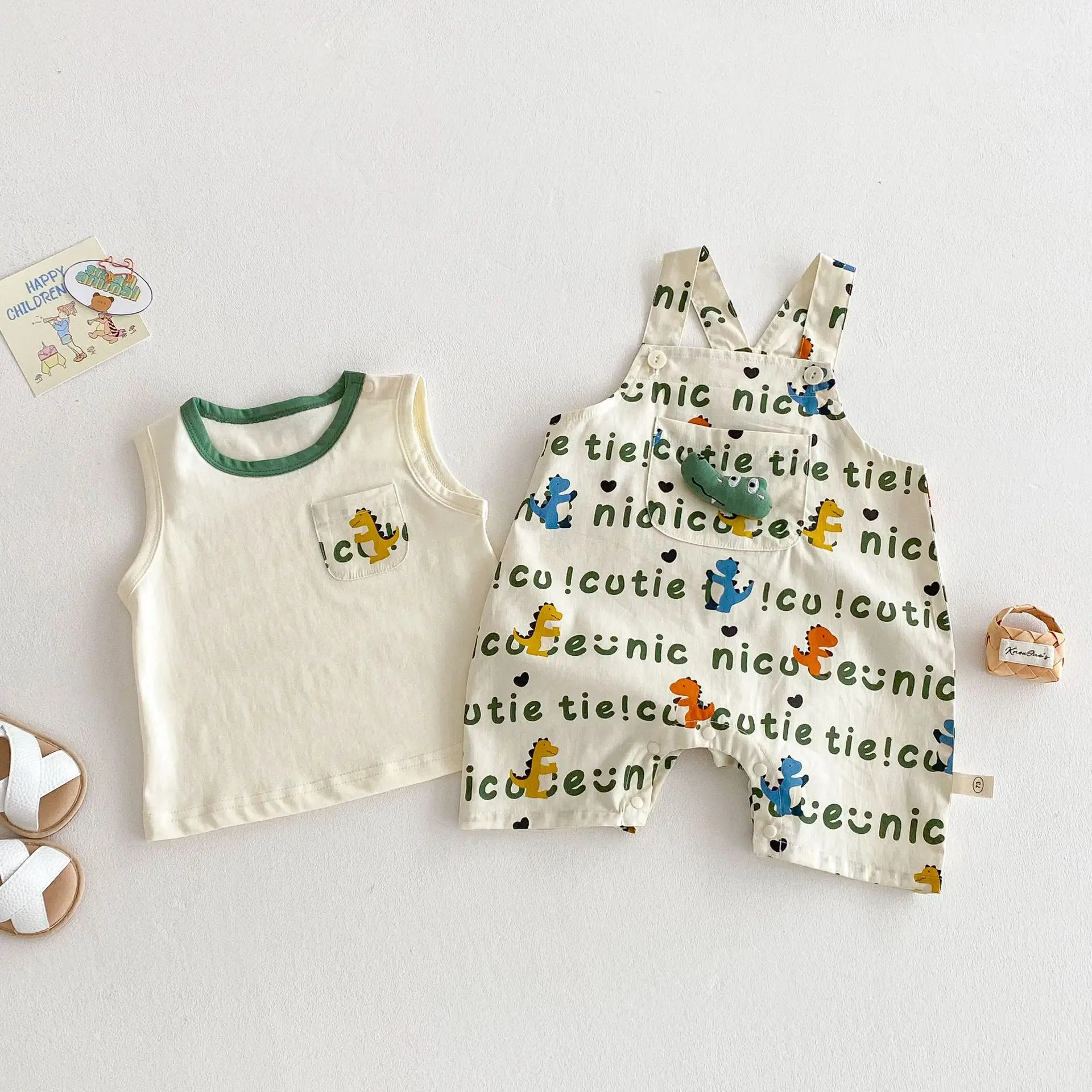 2PCS Baby Children's Dinosaur Straps Romper Sets 0-3Y Summer Boys' Cartoon Tee and Overall Suit Korean Trendy Toddler Outfits