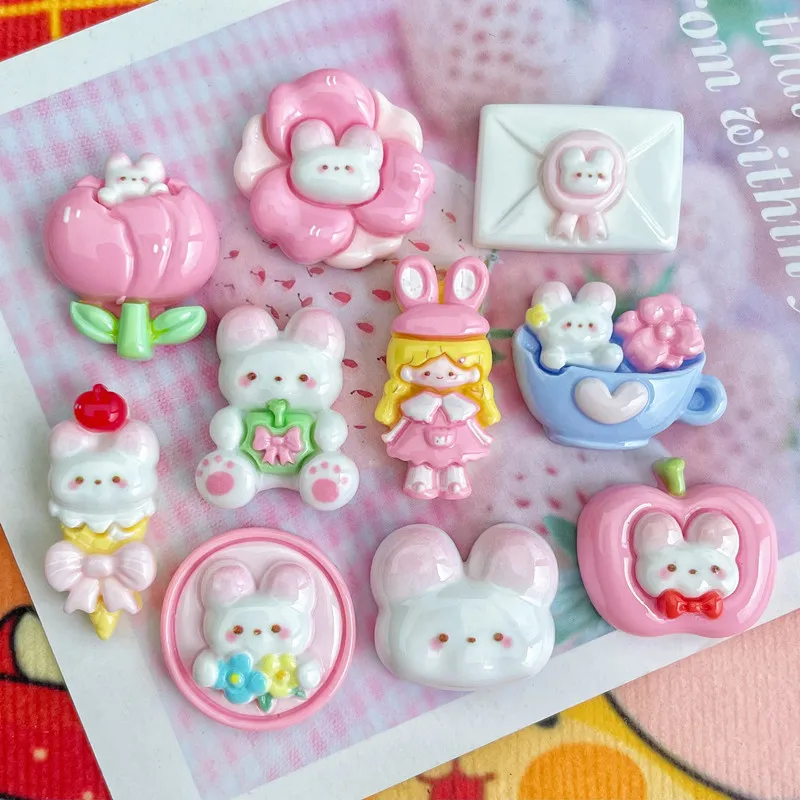 

10Pcs Kawaii Bright Surface Rabbit Young Woman Resin DIY Shoes Hat Icebox Barrette Mobile Phone Case Scrapbook Flat Back Patch