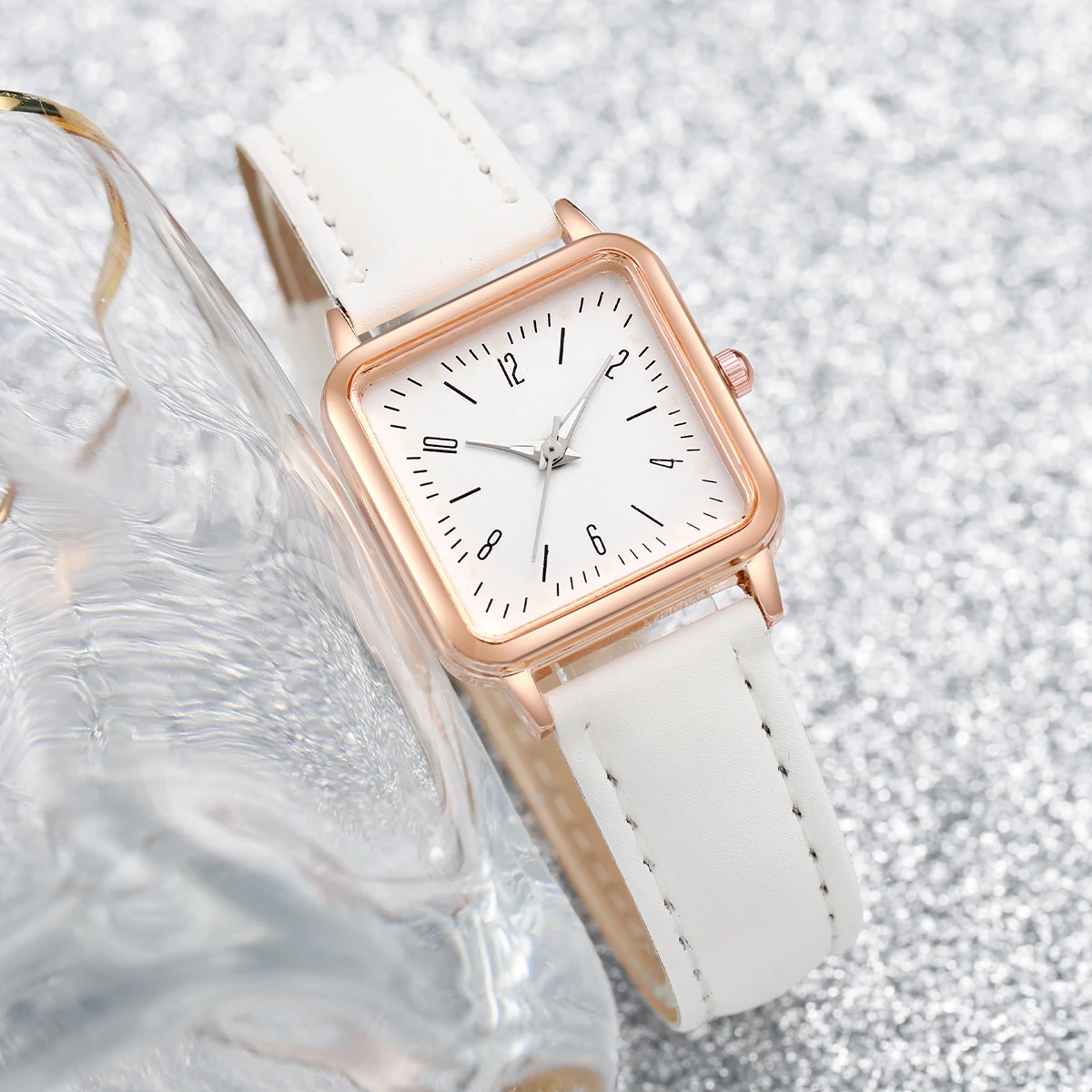 2PCS/set Fashion White Leather Strap Square Quartz Watch with Pearl Bracelet for Women 3
