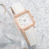 2PCS/set Fashion White Leather Strap Square Quartz Watch with Pearl Bracelet for Women 3