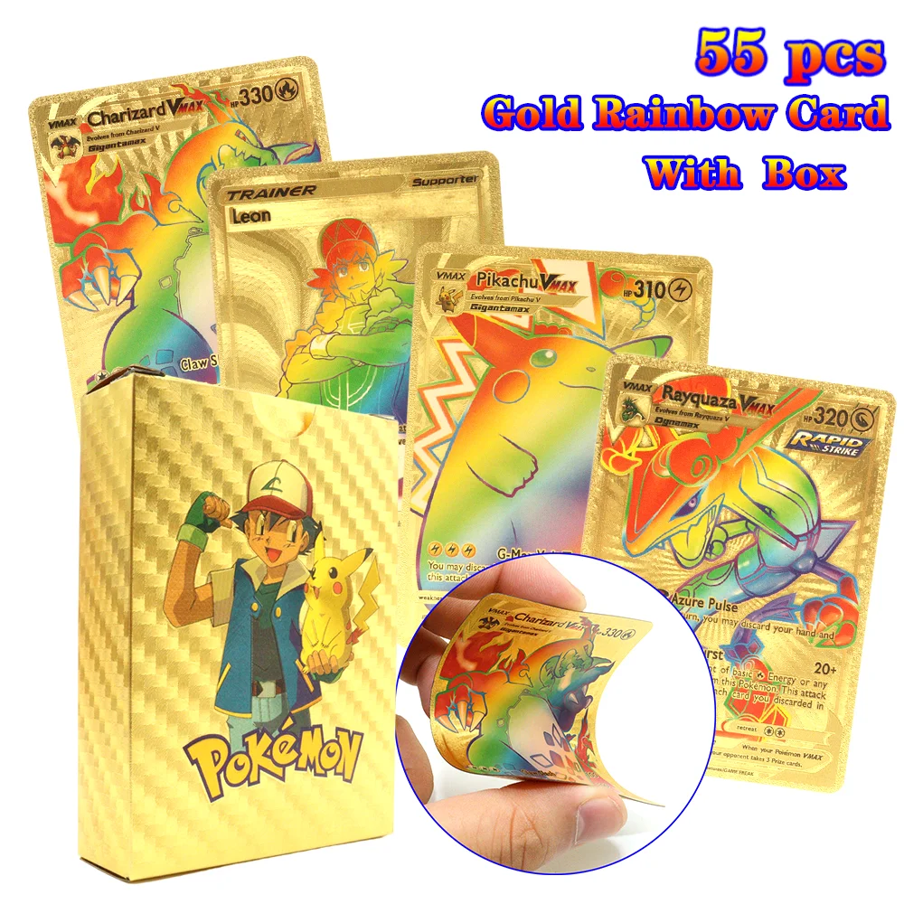 

Pokemon Rainbow Cards Gold Foil Shiny Letter Vmax GX Energy Charizard Pikachu Rare Collection Battle Trainer Card Child Toy Gift