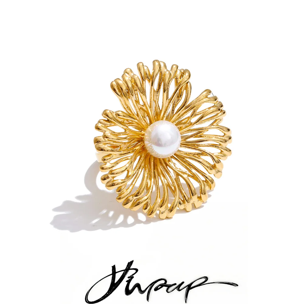 Yhpup Adjustable Ring Stainless Steel Pearl Flower