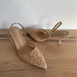 Elegant Mesh Embroidered Floral High Heel Sandals - Summer Slingback Pointed Toe Pumps - 38 (MCZ - R)