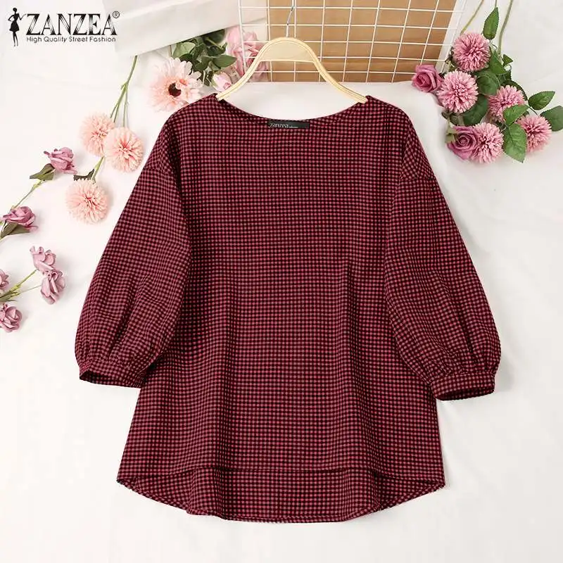Vintage Plaid Karierte Bluse ZANZEA Herbst Frauen Tops Casual O Neck 3/4 Hülse Baggy Shirt Weibliche Elegante OL Arbeit Blusas 2024 – Detail 14