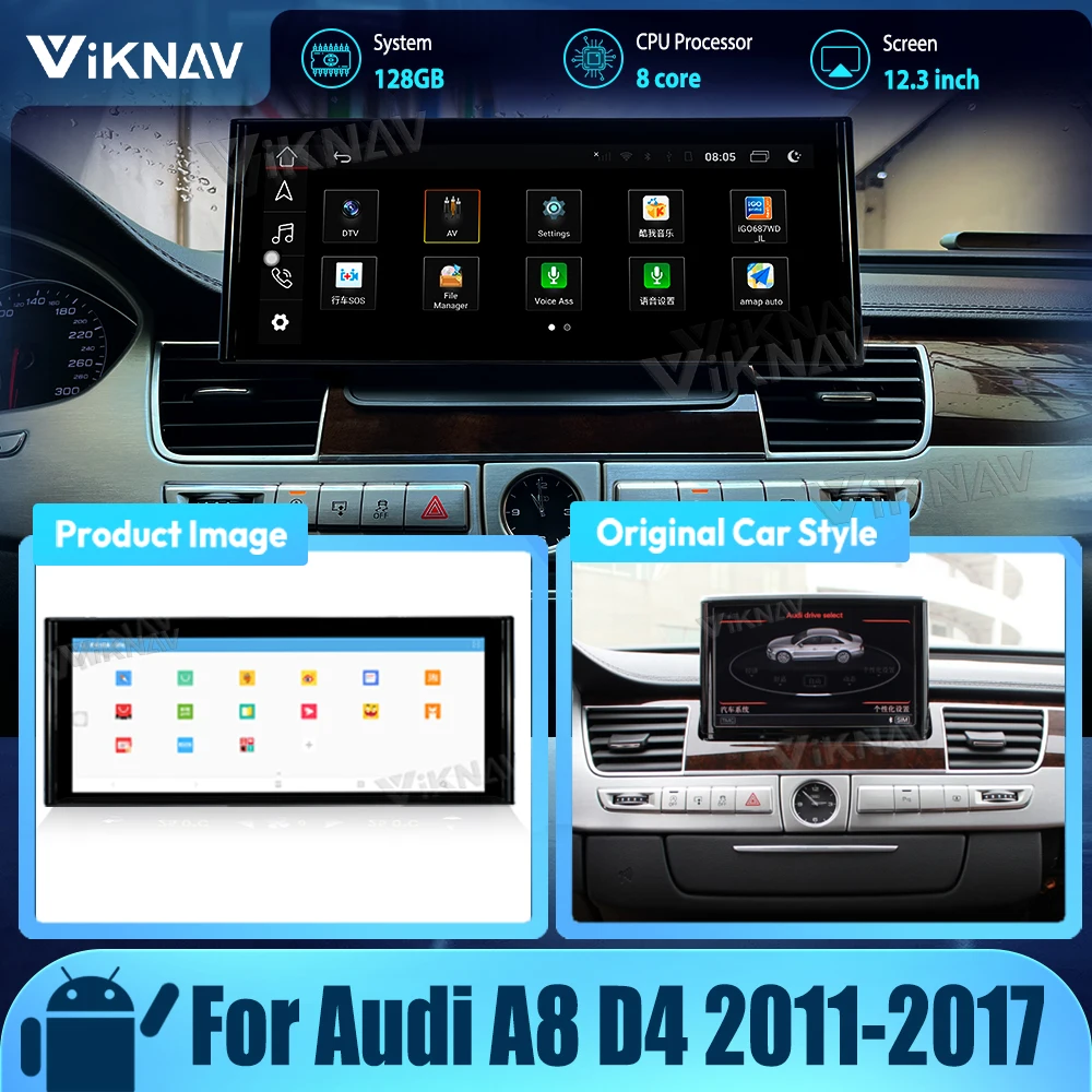 

12.3 Inch Car Multimedia DVD Stereo With Screen Receiver Radio Player GPS Navigator Carplay For Audi A8 D4 2011-2017 Android 11