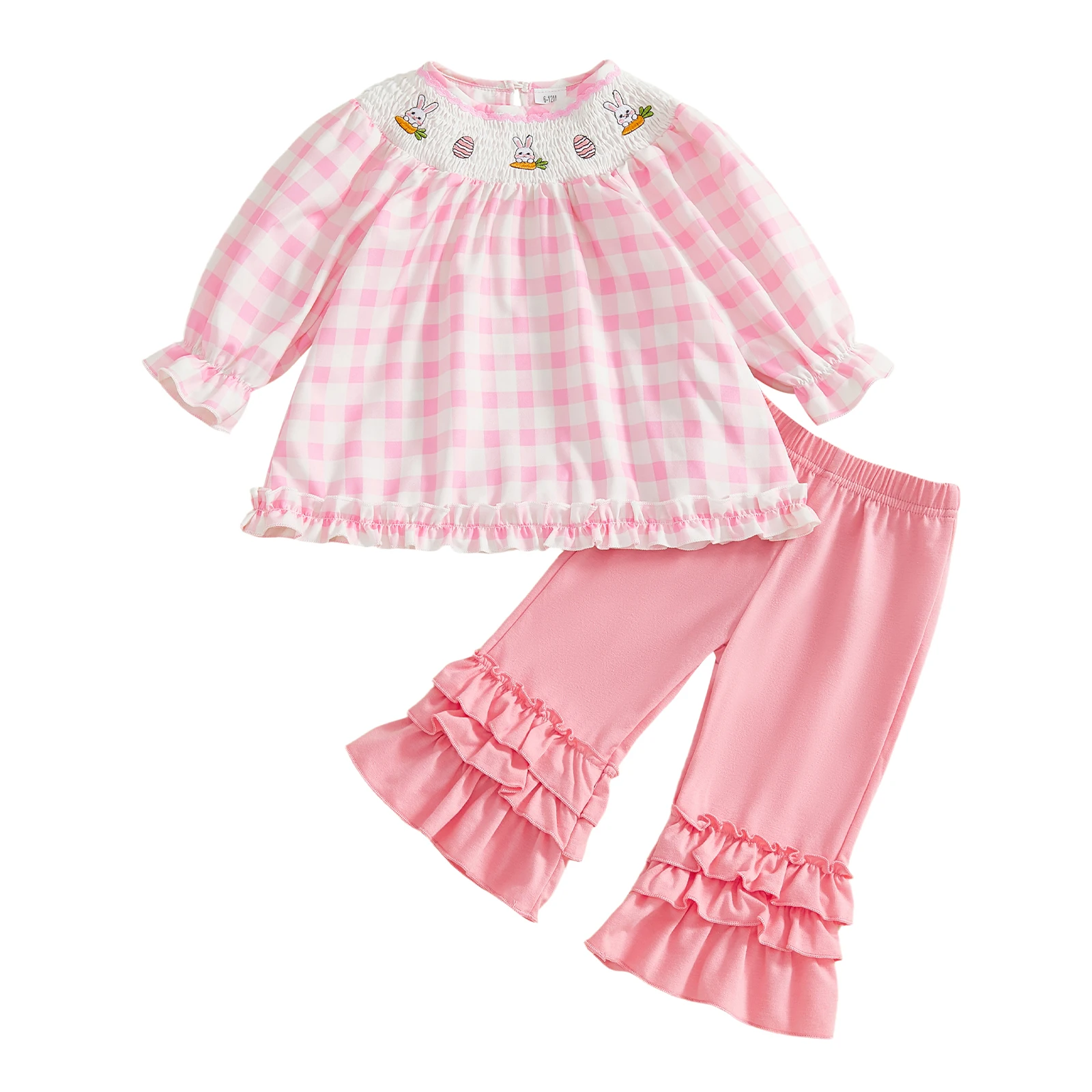 בגדים לילדות לחג הפסחא עם שרוולים ארוכים, מחשוף עגול, חולצות משובצות בפסים ומכנסיים מתרחבים