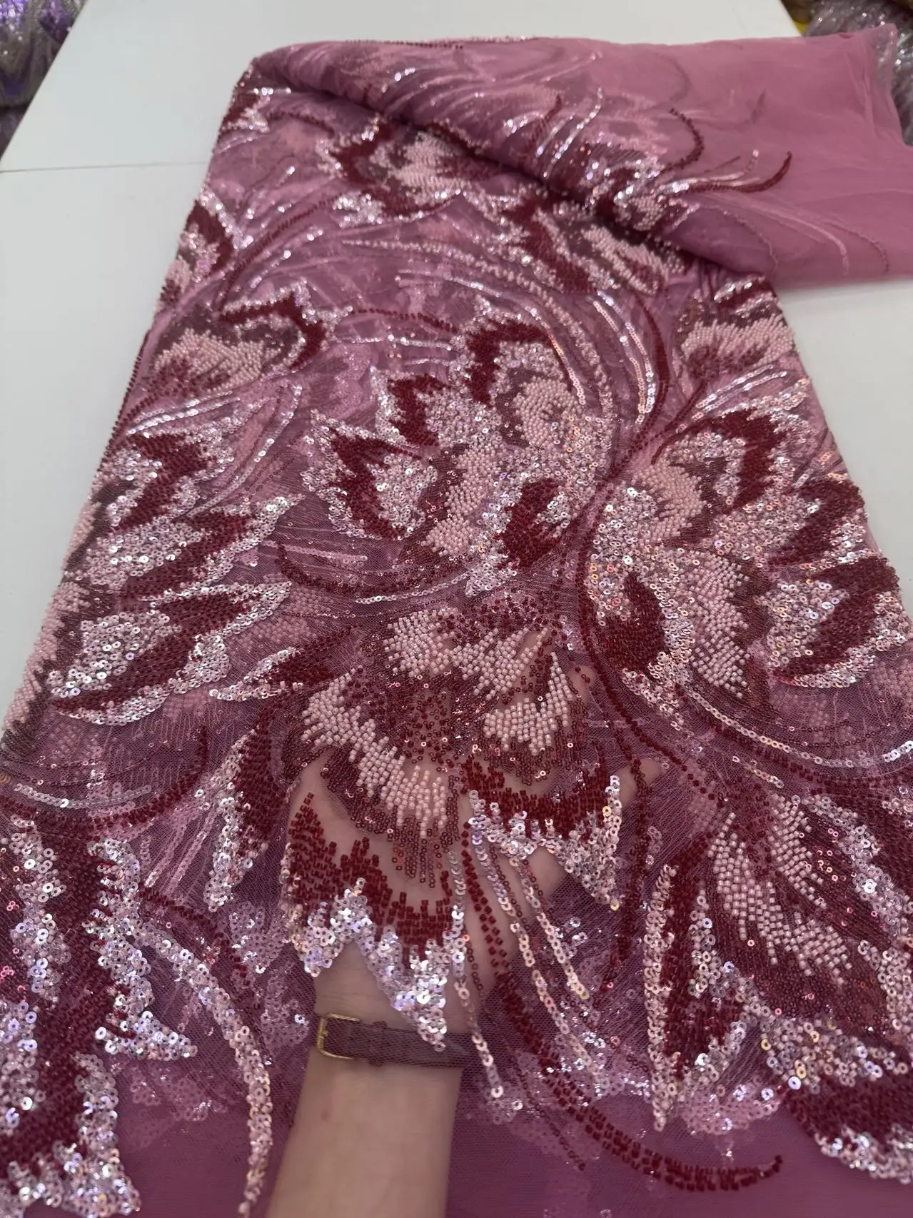 African Beads Lace Fabrics Sequin Lace Fabric 5 Yards For Woman Nigerian Wedding Dress