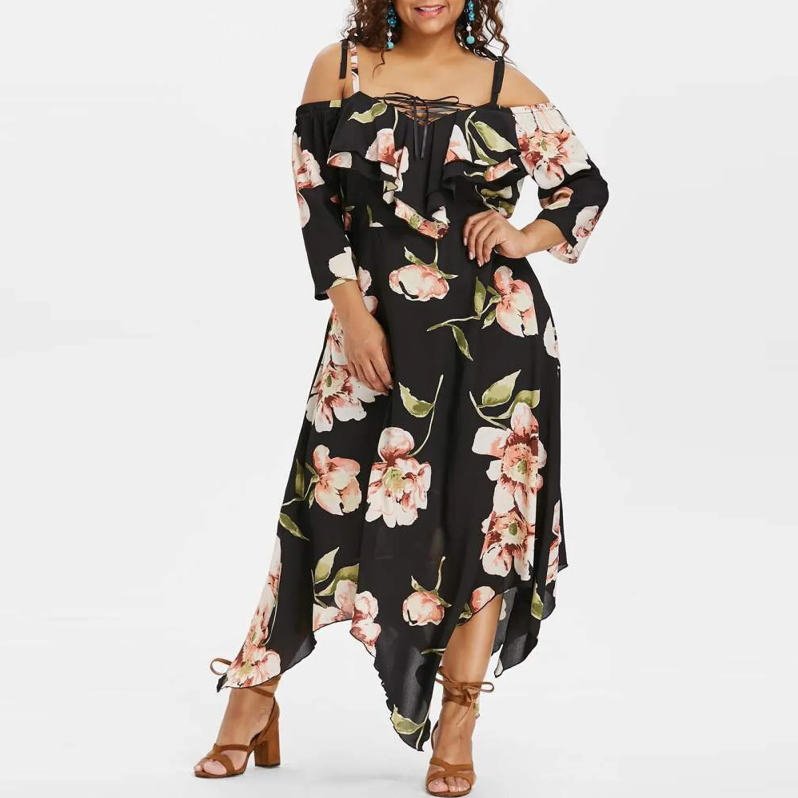 

Maxi Dress Flower Print Plus Size Dresses For Women Casual Short Sleeve Cold Shoulder Boho Vestidos Loose Harajuku Femme Robe
