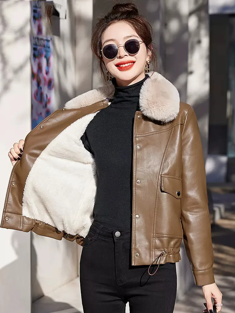 New Women Leather Jacket Autumn Winter Casual Fashion Fur Collar Plus Velvet Lining Thicken Leather Coat Loose Warm Outerw