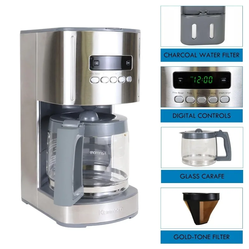 12 cup Drip Coffee Machine Reusable Filter Programmable Timer Digital Display Charcoal Water Filter Regular Bold Stainless Steel 4