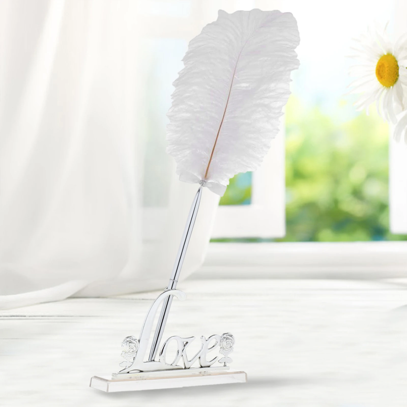 Wedding White Feather Quill Guest Book Signing Pen with Golden Love Holder Wedding Guest Book Feather Writing Pen