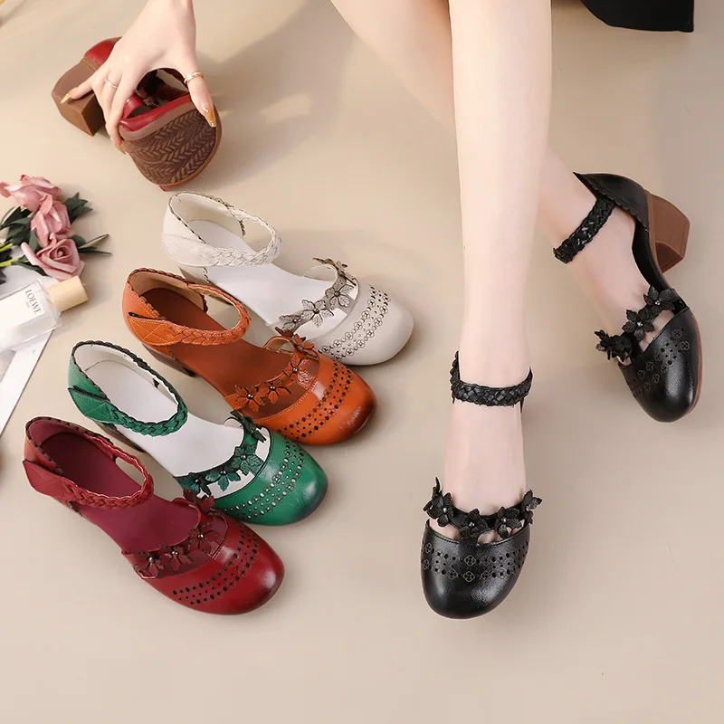 fashion summer sandals women genuine leather shoes sandals high heel summer beach hollow Flowers Female retro sandals women