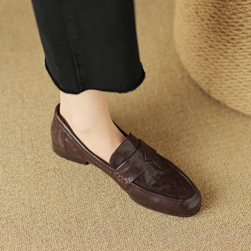 

Spring Loafers Real Leather Cowhide Women Flat Shoes RoundToe Woman Shoes Quality Slip-On Vintage Loafers Lady Casual Walk Shoes