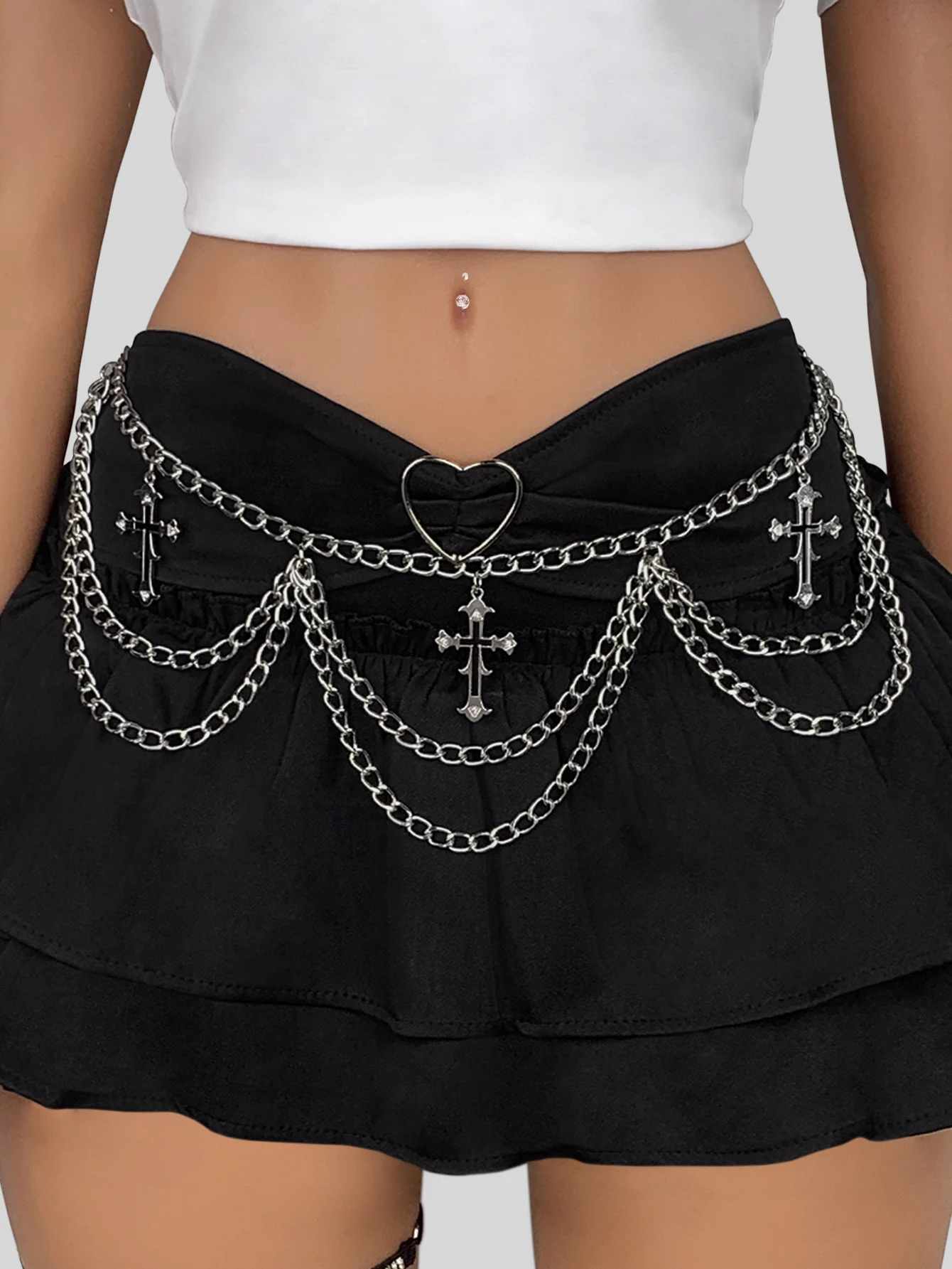 HERSHINE Women's Silver Three-Layer Cross Chain Waist Chain, Y2K Gothic Punk Harajuku Style Rock Hip Hop Accessory,spring,summer