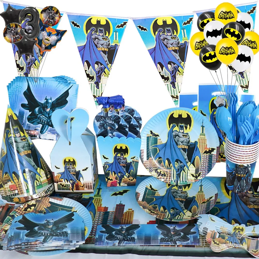 Birthday Tableware Set Birthday Party Supplies Party Supplies Disposable Tablecloth Bat Man Birthday Party Supplies Superhero Disposable Tableware Cup Tablecloth 3D Balloon for Kids Halloween Baby Shower Decor
