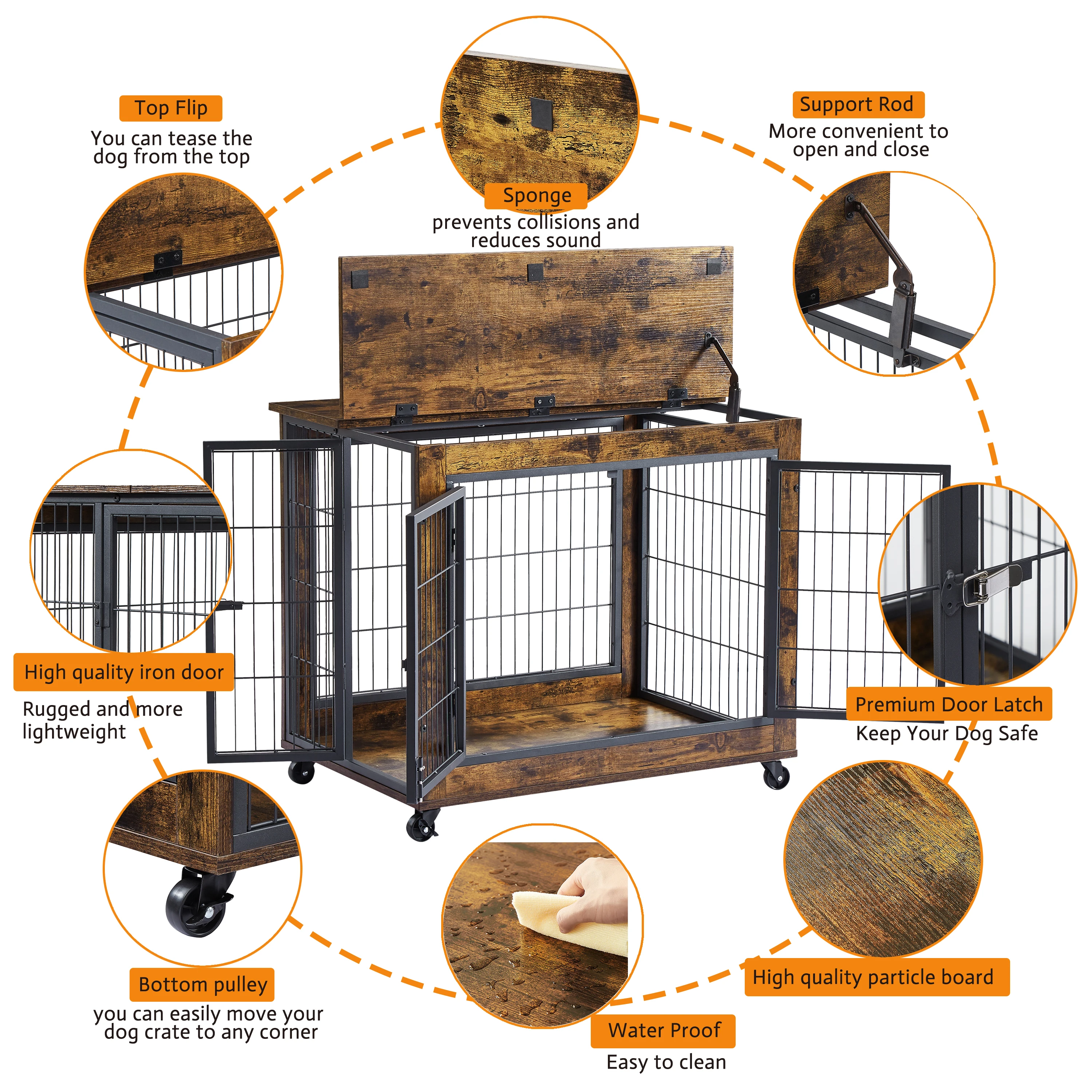 Hundekäfig im Möbelstil, Holzhundehütte mit Doppeltüren, Indoor-Hundehütte mit aufklappbarem Dach, mit Rollen – Detail 7