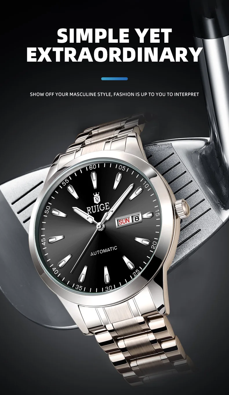 Orologio meccanico completamente automatico da uomo RUIGE con calendario settimanale, in acciaio inossidabile, da uomo, con luce notturna, impermeabile, versatile._voghion.com