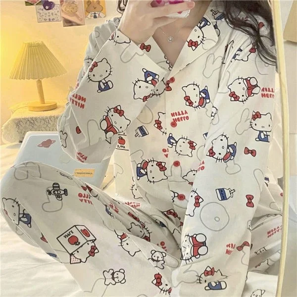 thumbnail image 4 of Sanrio Hello Kitty Kuromi pijamas trajes Kawaii Cinnamoroll Melody camisa de manga larga pantalón conjuntos de dos piezas para mujer, 4 of 5