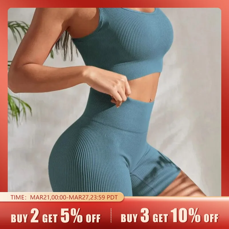 Ladies Gymwear Ribbed Seamless Activewear Long Sleeve Ribbed 2 Piece Yoga Set