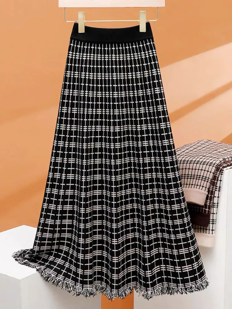 

Fall Winter Vintage Plaid Tassel Knitted Skirts For Women Warm Thicken High Waist A-line Knitting Skirts Korean Casual Skirts