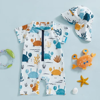 BeQeuewll Costume da bagno estivo per ragazzo alla moda Simpatico cartone animato con stampa di granchi Mezza cerniera Costumi da bagno per bambini Rash Guard Costume da bagno per bambini Set di cappelli da sole 1