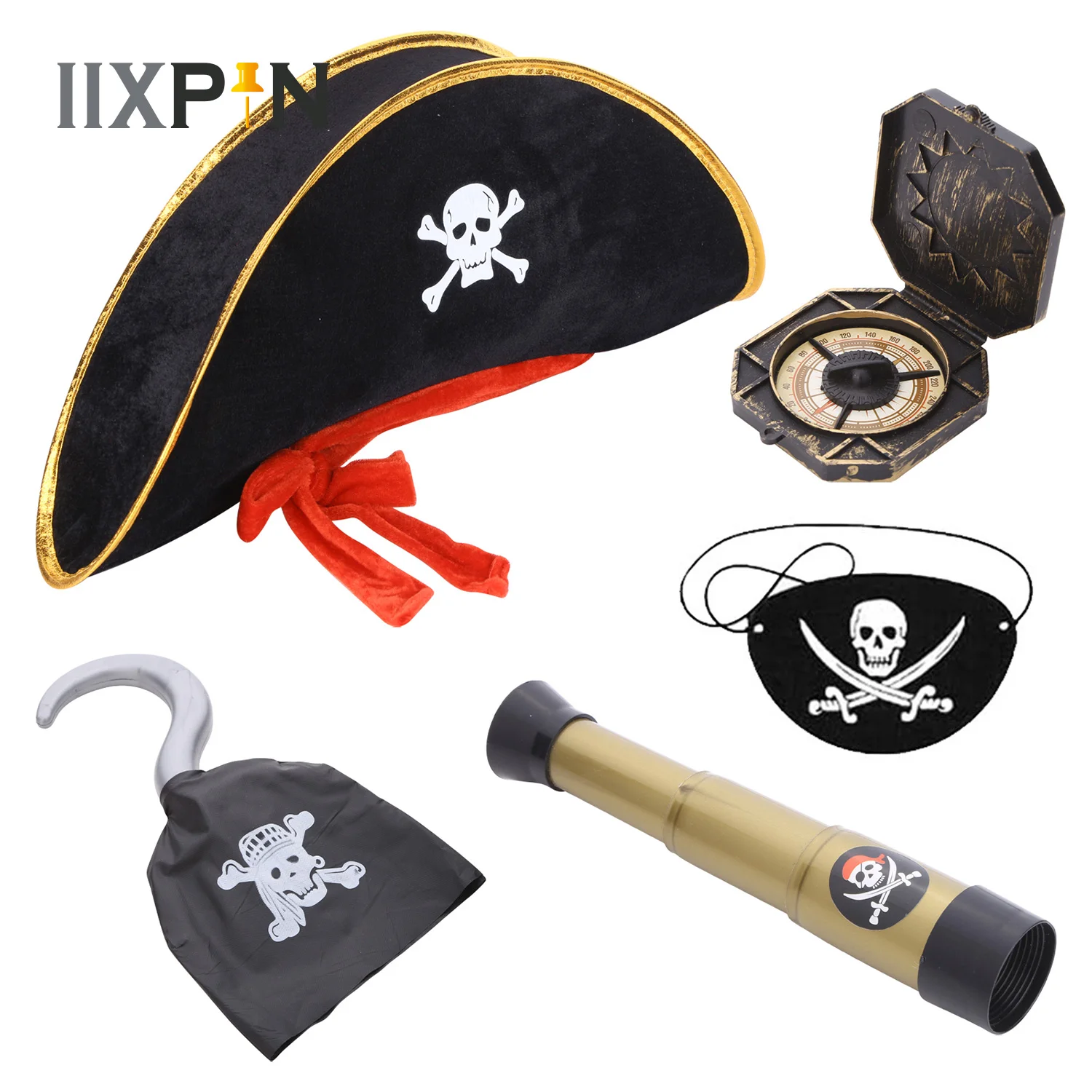 Kids Pirate Cosplay Costume Accessories Set Hat Compass Telescope Captain Cloth Hook Party Blindfold Halloween Party Decor Props