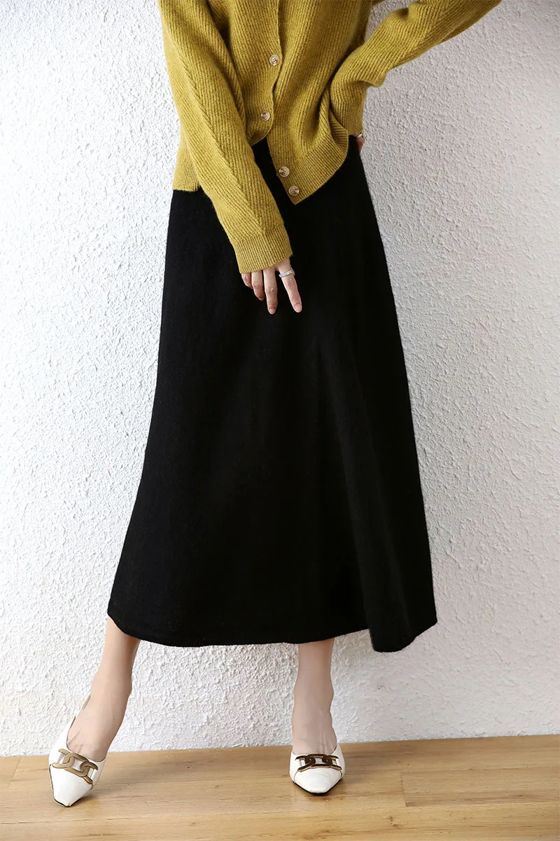 100% Merino Wool New Autumn and Winter Women\'s Half-length Solid Color Versatile Commuting Over-the-Knee Skirt