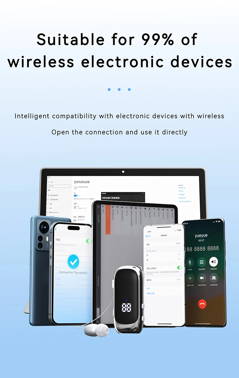 New Lavalier Business Bluetooth Headphone Talk/Music Time 20 Hours,LED Digital Display,Noice Cancelling Wireless Earphone