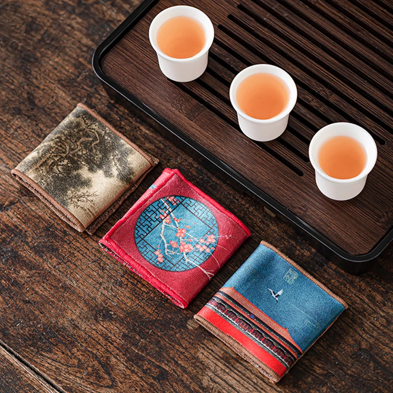 Chinese Painted Tea Set Towel Napkin Placemat Coaster Tableware Table Cloth Decoration Cotton Velvet Absorbent Mat