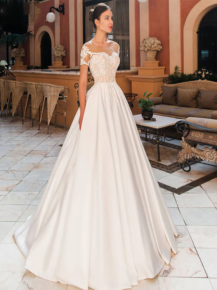 

Simple Satin A-Line Wedding Dresses Off Shoulder Appliques Sweetheart Button Backless Floor Length Bridal Gown Custom Made