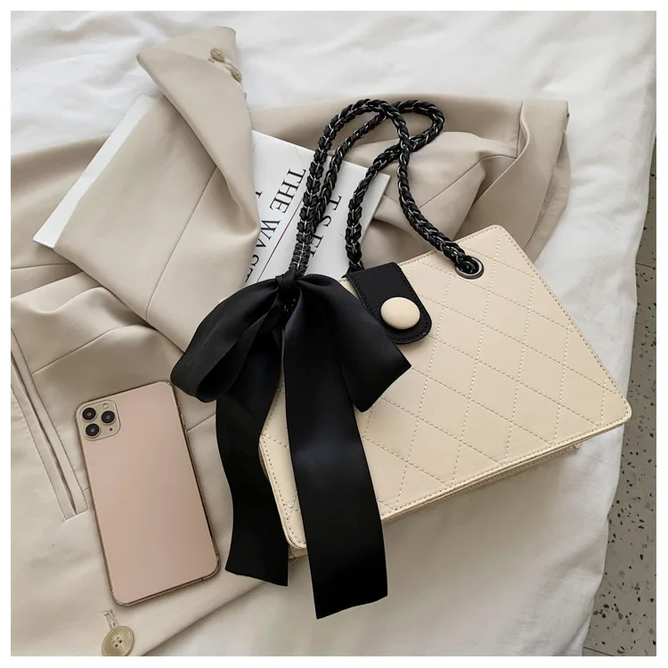 Elegant Square Shoulder Bag For Women With Chain Strap And Ribbons_voghion.com