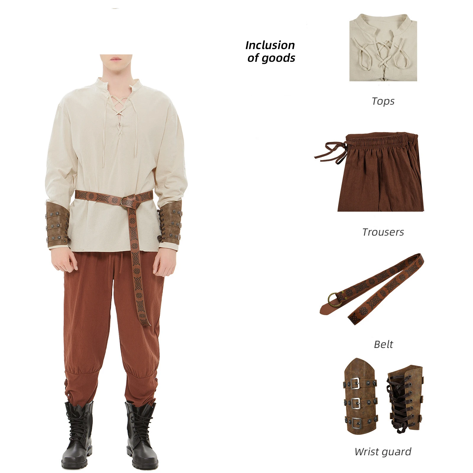 thumbnail image 1 of Conjunto de 4 piezas de disfraz de pirata para hombre, para Halloween, para adulto, estilo medieval, renacentista, vikingo, camisa con banda, pantalones, cinturón, accesorios para cosplay, 1 of 4