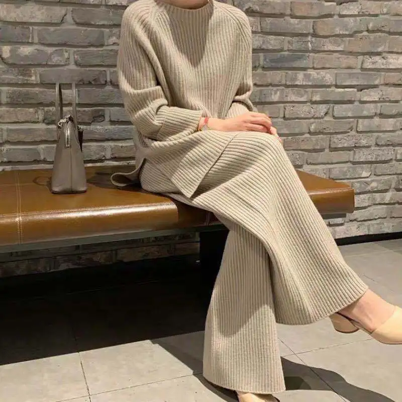 Autumn Winter Korean Knitted Sweater Two-Piece Set Women Turtleneck Top Warm Thick Female Casual Pullover Tracksuits Pants Suits
