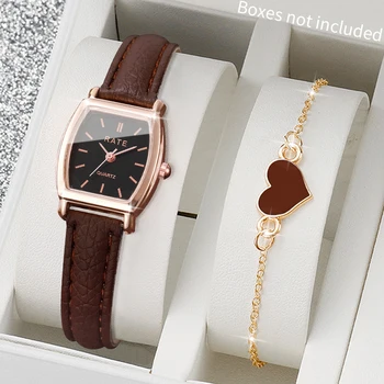 2PCS Fashion Leather Strap Quartz Wristwatches Set With Heart Bracelet Casual Simple Dial For Ladies Clock(Without Box) 1