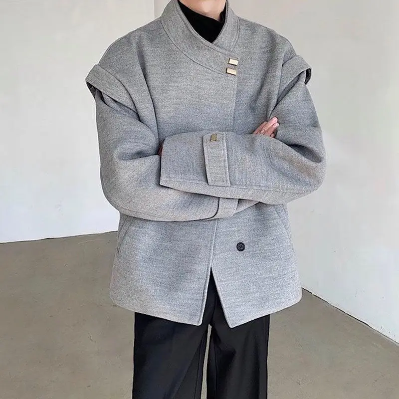 Autumn and Winter New Chinese Thickened Woolen Collar Jacket Men's National Style Retro Inclined Placket Niche Woolen Coat