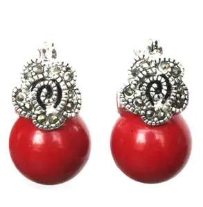 Lady's 12mm Red Coral Bead Flower Marcasite & 925 Silver Earrings 5.29
