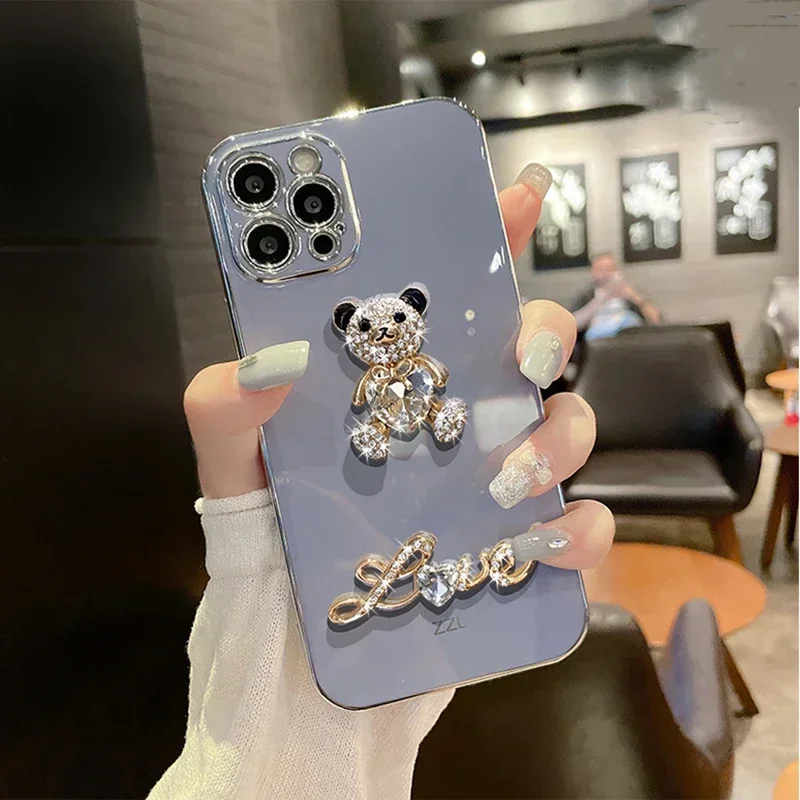 

Luxury Electroplating Shining Heart Bear Rhinestone Soft Case Capa For Samsung Galaxy S20 S20Plus S21 FE S22 Plus 23 Ultra Cover