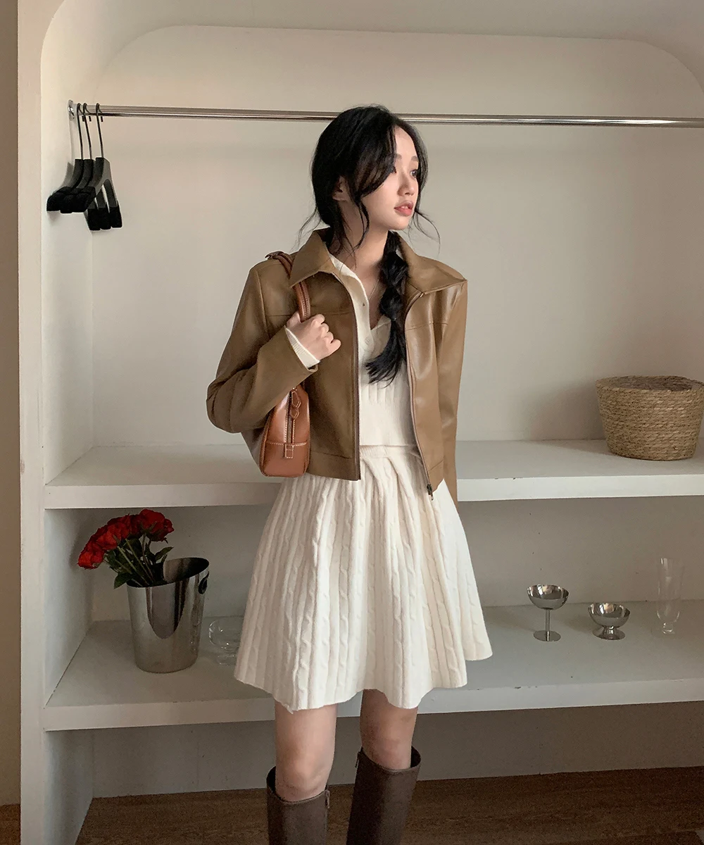 Korean Fashion Two-piece Set Women Pullover Turn-down Collar Crop Top Mini Skirt Solid Casual Suit Autumn New Knitwear Outfits