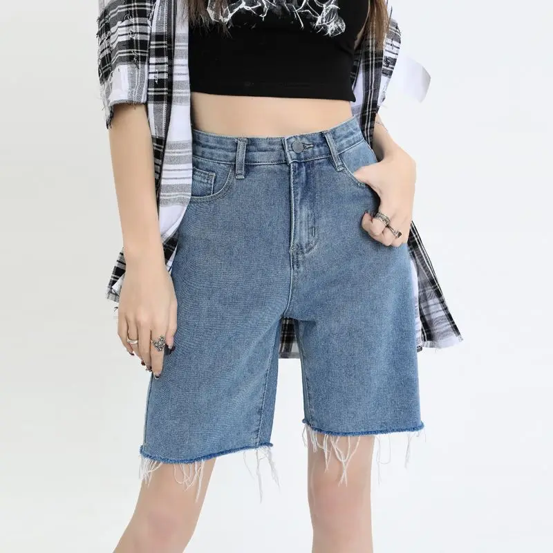 

2023 Summer Denim Shorts For Women High Waist Half Jeans Shorts Blue Tassel Solid Straight Pants Female H318