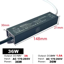 Waterproof Dimmable Switching Power Supply for Home Lighting and Light Strips, 15W - 500W, 220V to 12V/24V (36W)