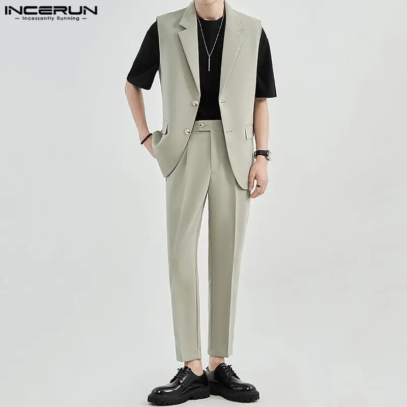 

INCERUN 2023 Korean Style Sets Handsome New Men's Sleeveless Lapel Vests Pants Stylish Male Solid All-match Two Piece Sets S-5XL