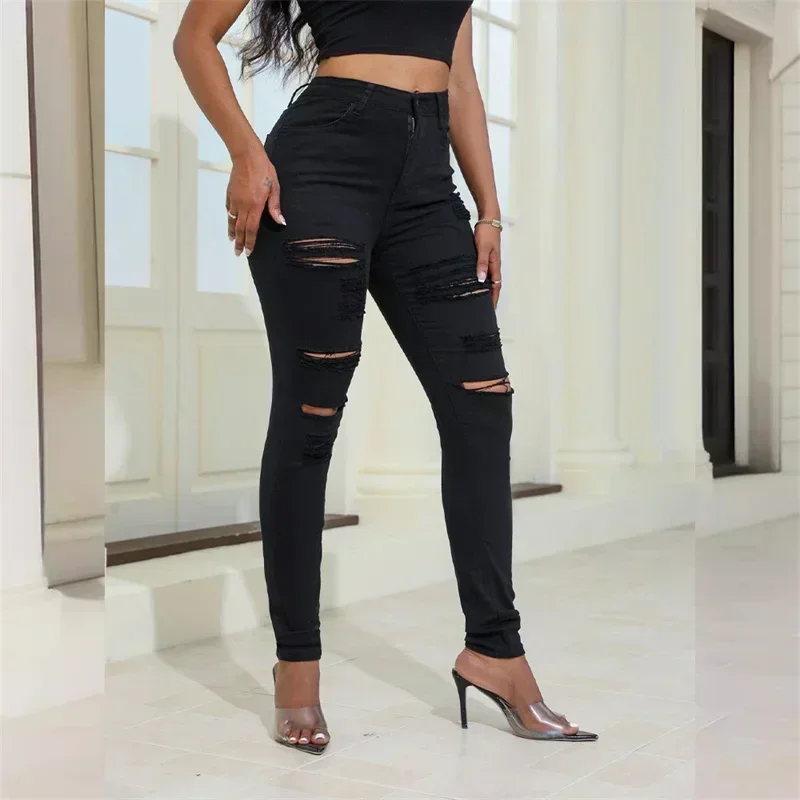 2024 Fashion Broken Holes Women Pencil Jeans Trend Streetwear Slim Fit Denim Pants Casual Solid Color High Waist Female Trousers 5