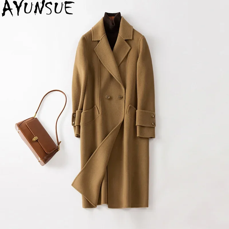 

AYUNSUE 2023 New Fashion Long Wool Coat Women Autumn Winter 100% Wool Jacket Double-sided Loose Overcoat Abrigos Para Mujer