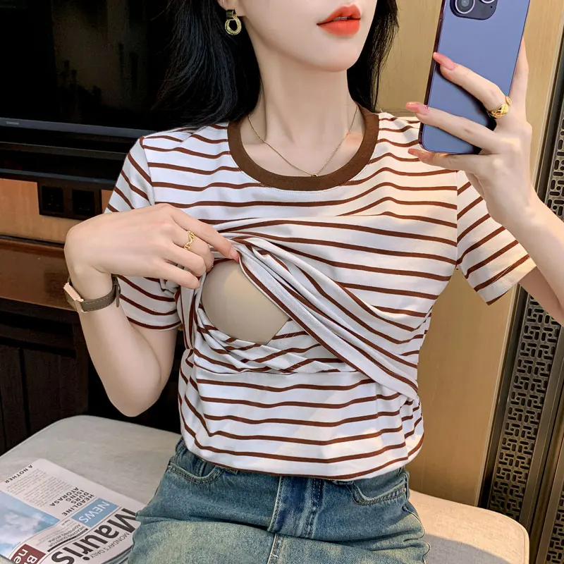 Maternity Nursing Tops Breastfeeding Top Striped Cotton T Shirt for Pregnant Women Summer Tees Short Sleeve Pregnancy T-shirt 6