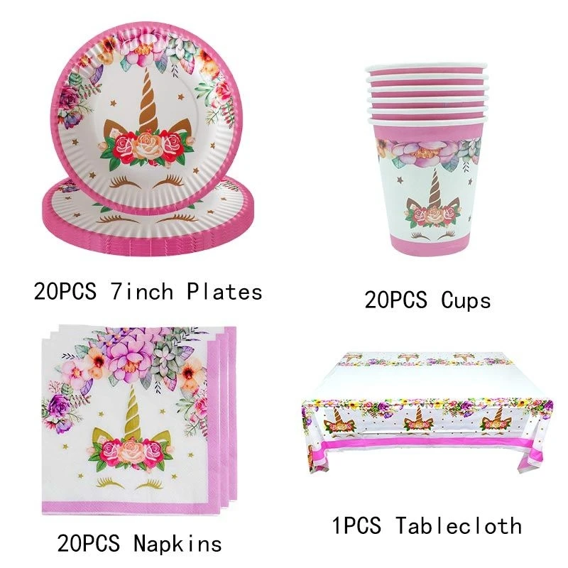 Decoration Unicorn Birthday Girl Tableware Set Balloons Kit Theme Party Gifts Plates Cup Napkins Banner Kids Birthday Supplies