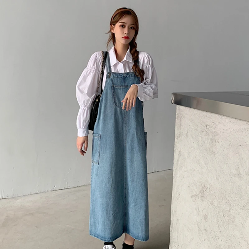 

S-5xl Korean Style Women Suspenders Denim Dress Fashion Casual Pockets Oversized Ladies Overall Dress Loose Strap Jean Dress