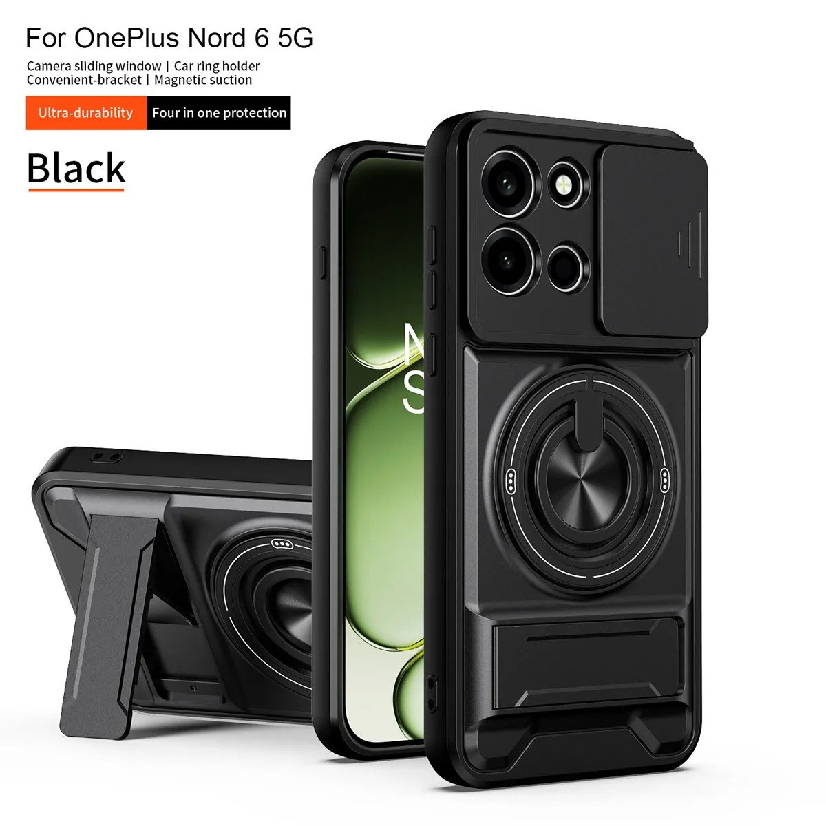 OnePlus Nord 6 5G Protective Ring Stand Case with Magnetic Wireless Charging and Slide Lens Cover