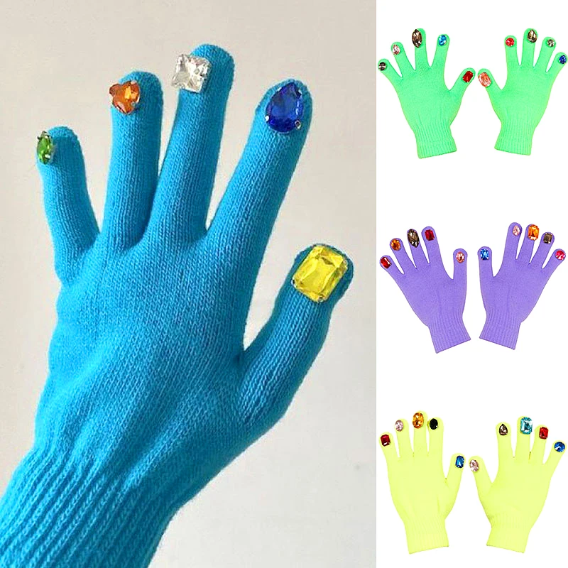 Creative Rhinestones Full Finger Gloves Candy Color Crochet Knitted Mittens Touch Screen Mitten Winter Warm Windproof Nail Glove