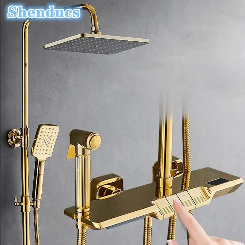 Gold Piano Digital Shower System Set Smart Hot Cold Bathroom Mixer Faucets Accessories Rain Shower Head Digital Bath Shower Set